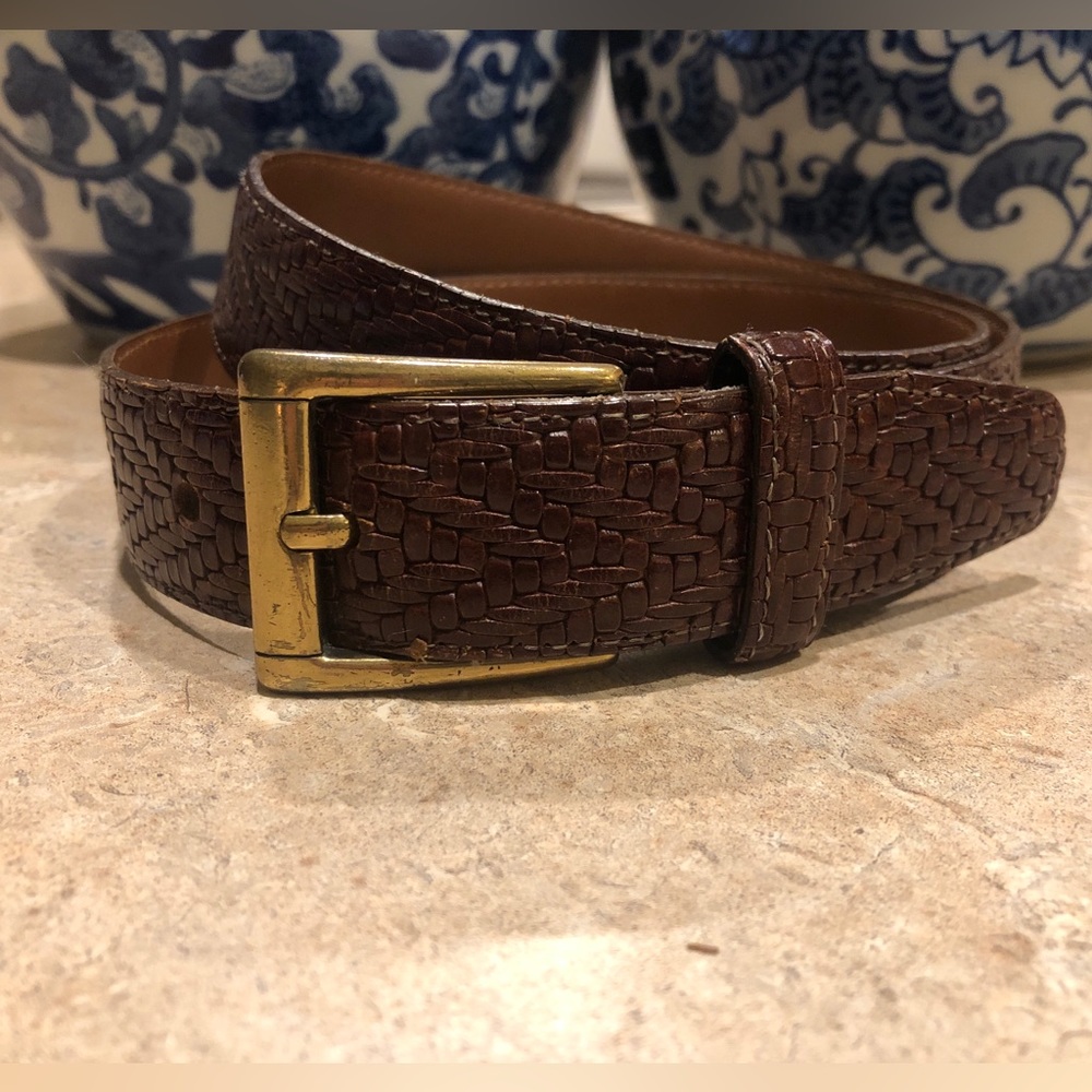 Woven Italian made brown leather belt with gold/brass buckle